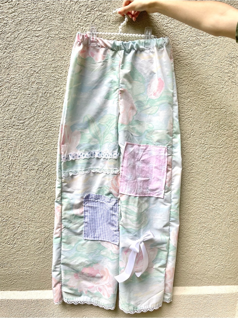 Pastel lily pad water color Wide Leg pants with patches & lace